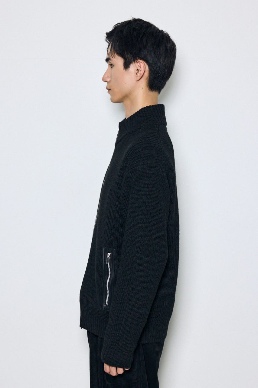 合皮切替ジップカーディガン BLK L