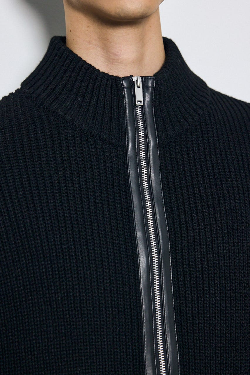合皮切替ジップカーディガン BLK L