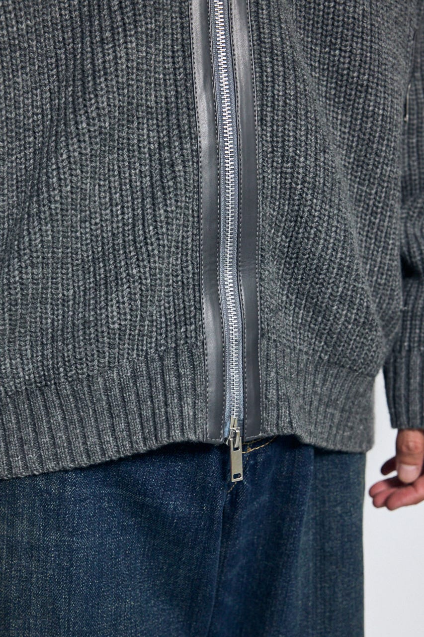 合皮切替ジップカーディガン GRY L