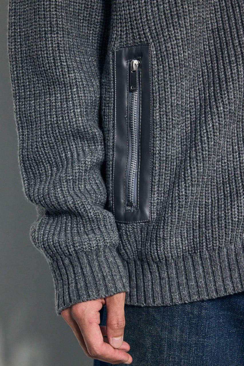 合皮切替ジップカーディガン GRY L