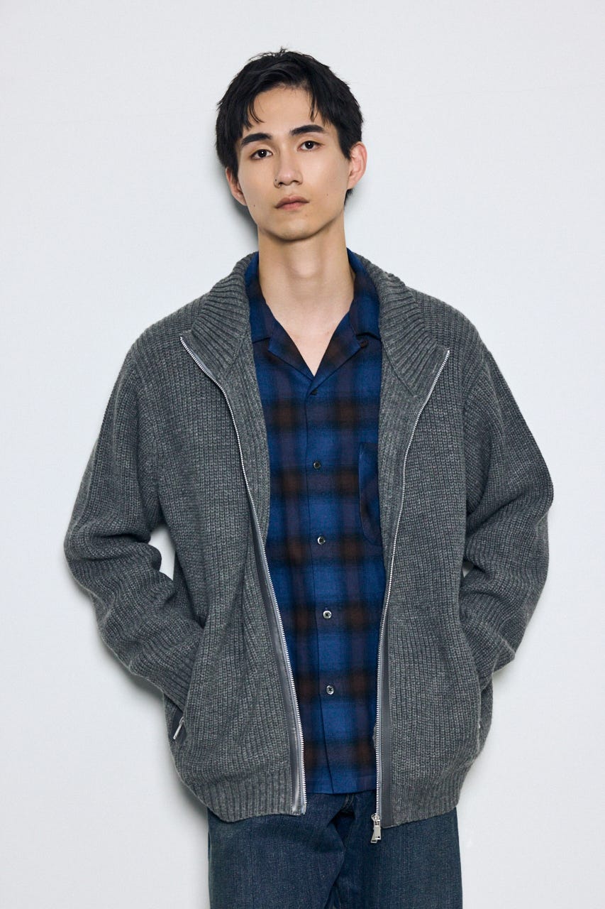 合皮切替ジップカーディガン GRY L