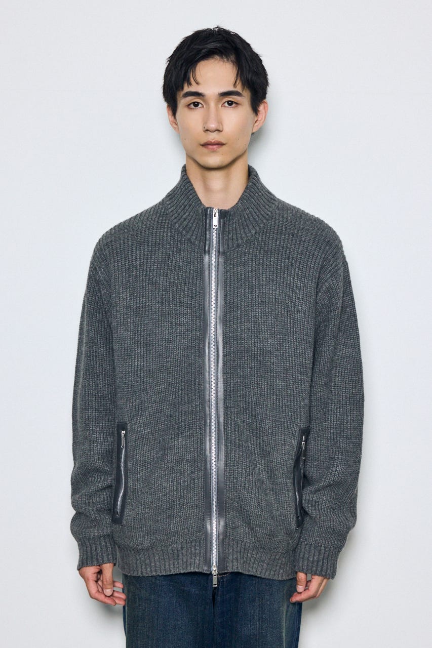 合皮切替ジップカーディガン GRY L