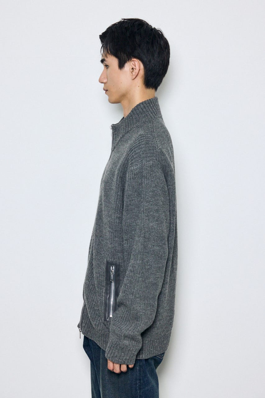 合皮切替ジップカーディガン GRY L