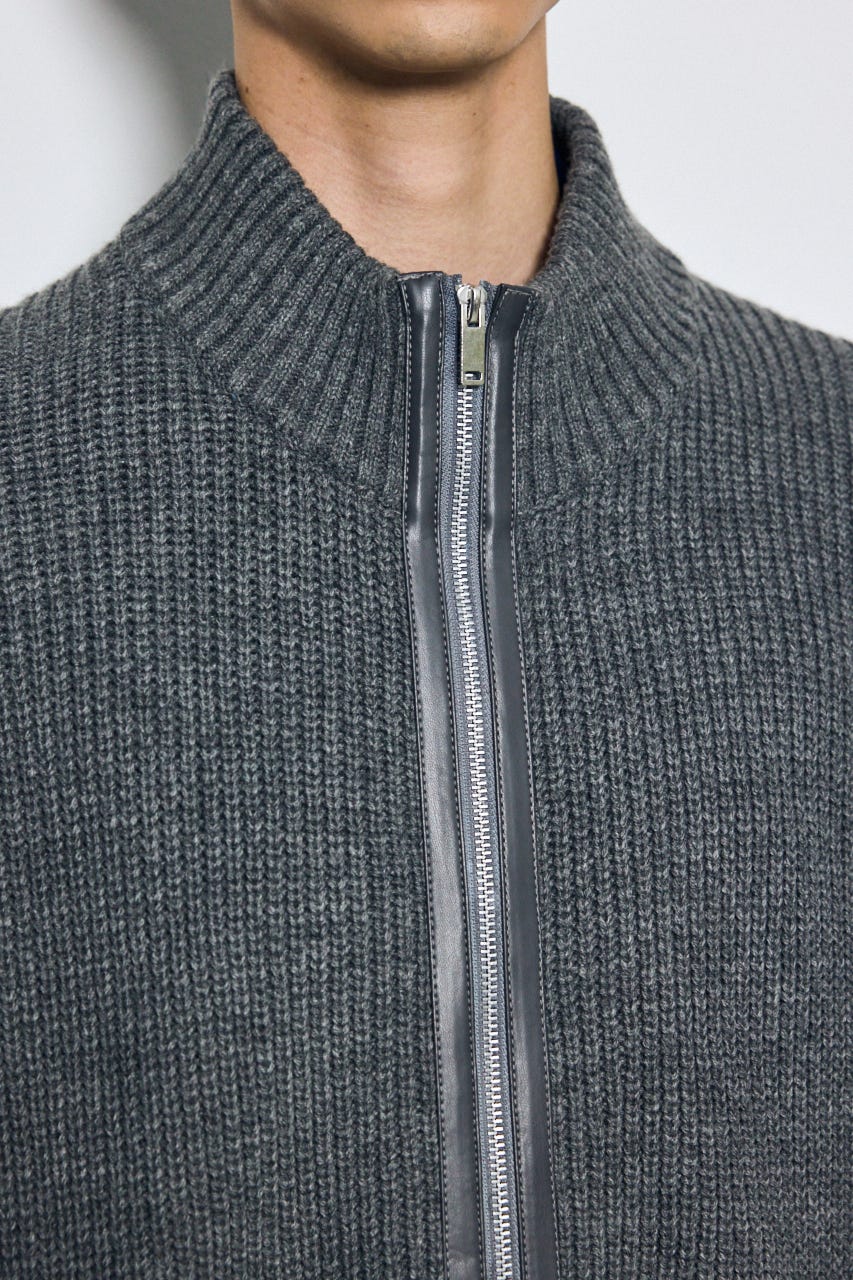 合皮切替ジップカーディガン GRY L