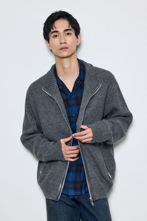 合皮切替ジップカーディガン