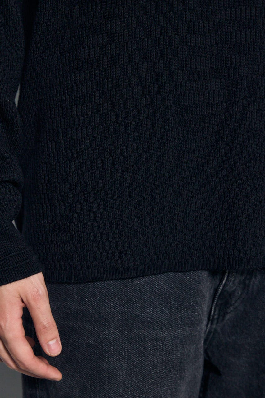 【AW先行アイテム】ハニカムクルーネックニットトップス BLK L