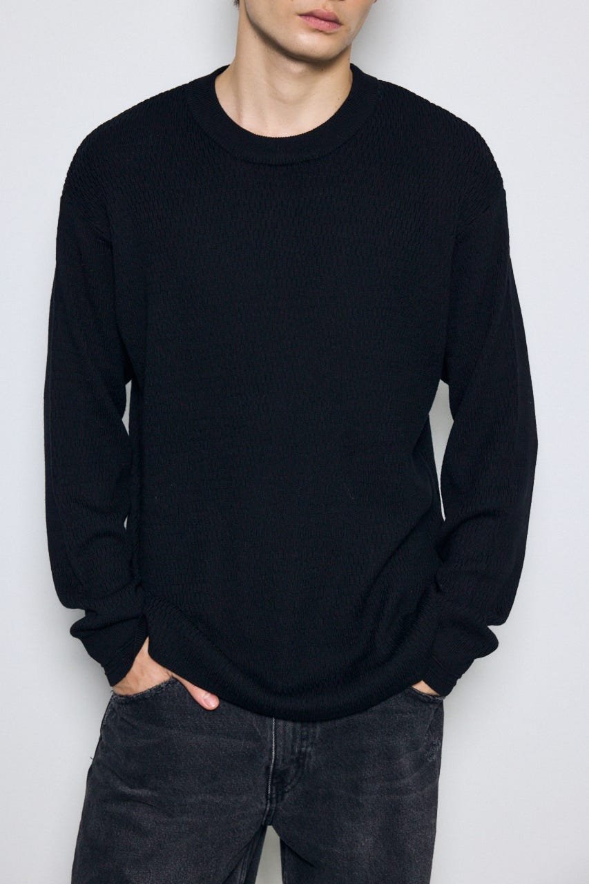 【AW先行アイテム】ハニカムクルーネックニットトップス BLK L