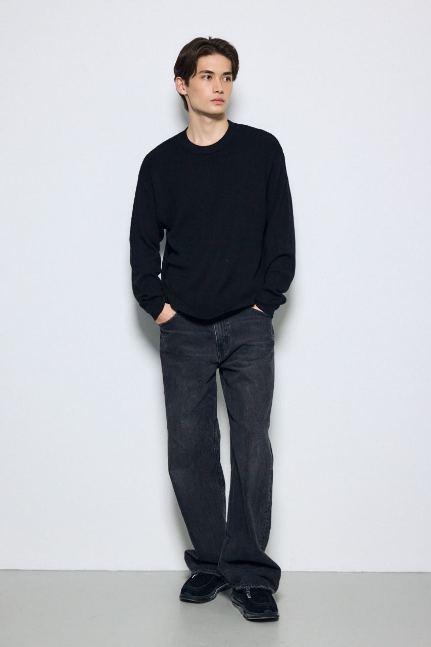 【AW先行アイテム】ハニカムクルーネックニットトップス BLK L