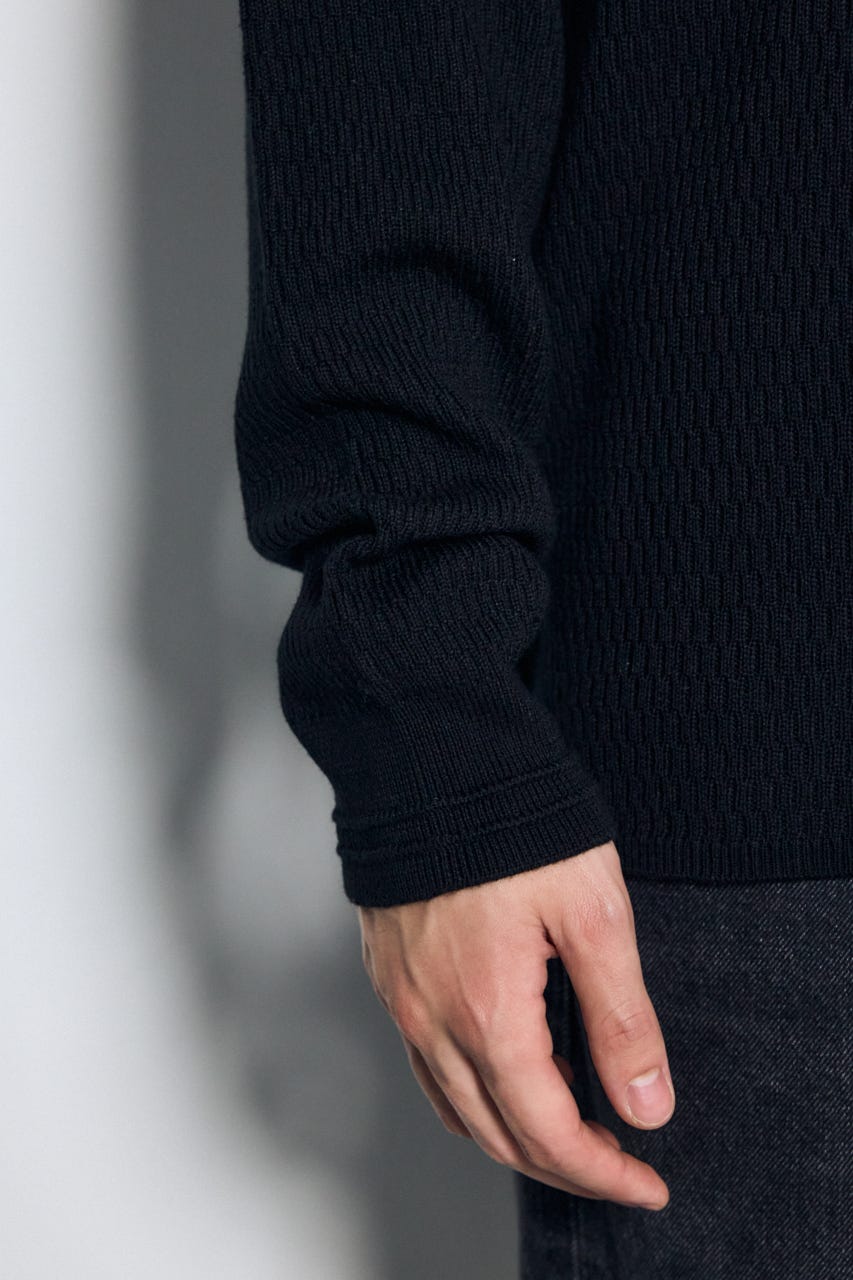【AW先行アイテム】ハニカムクルーネックニットトップス BLK L