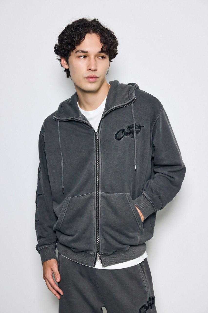 合皮アップリケ裏毛ジップパーカー L/BLK M