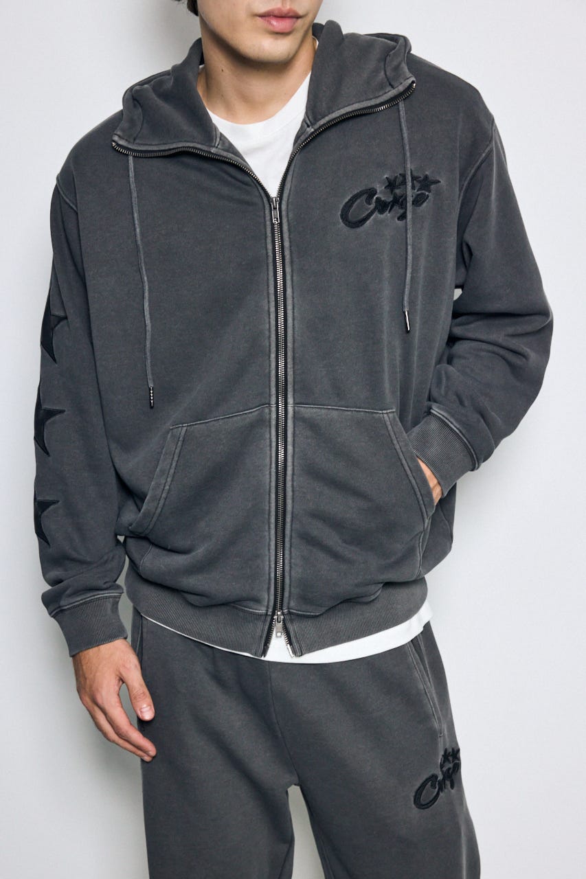 合皮アップリケ裏毛ジップパーカー L/BLK M