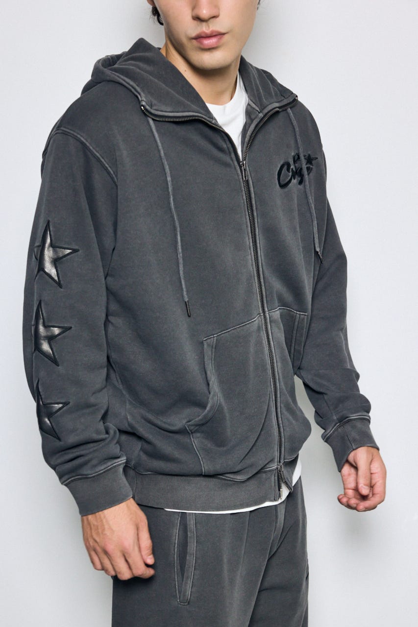 合皮アップリケ裏毛ジップパーカー L/BLK M