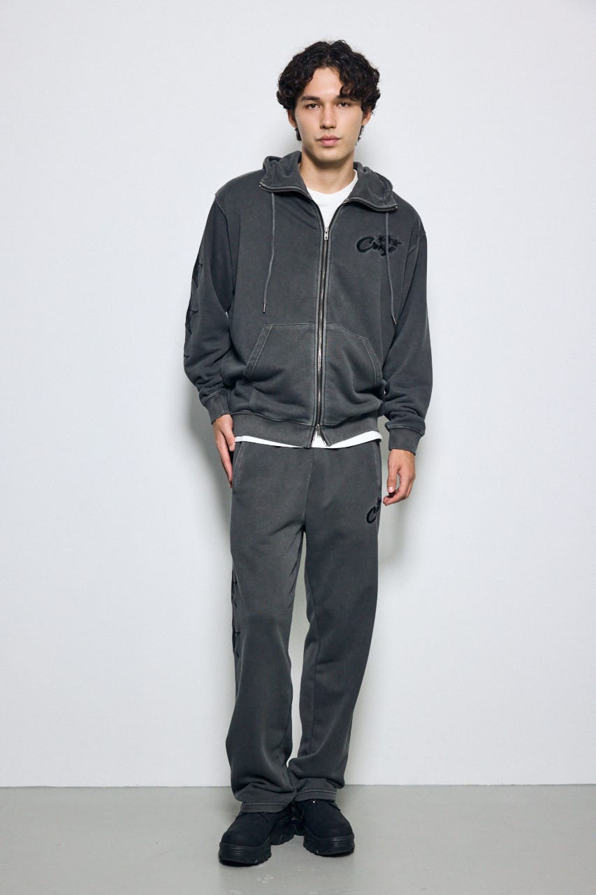 合皮アップリケ裏毛ジップパーカー L/BLK M