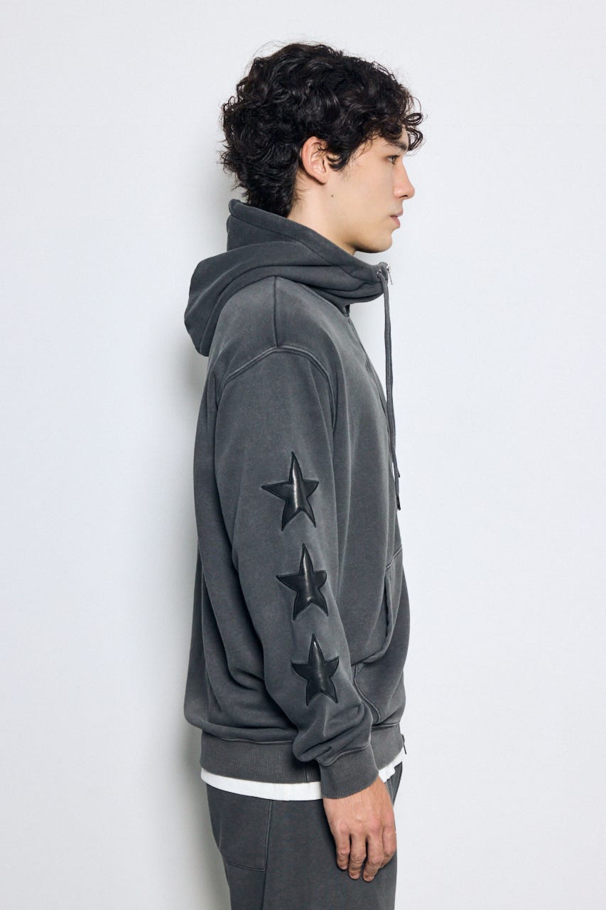 合皮アップリケ裏毛ジップパーカー L/BLK M