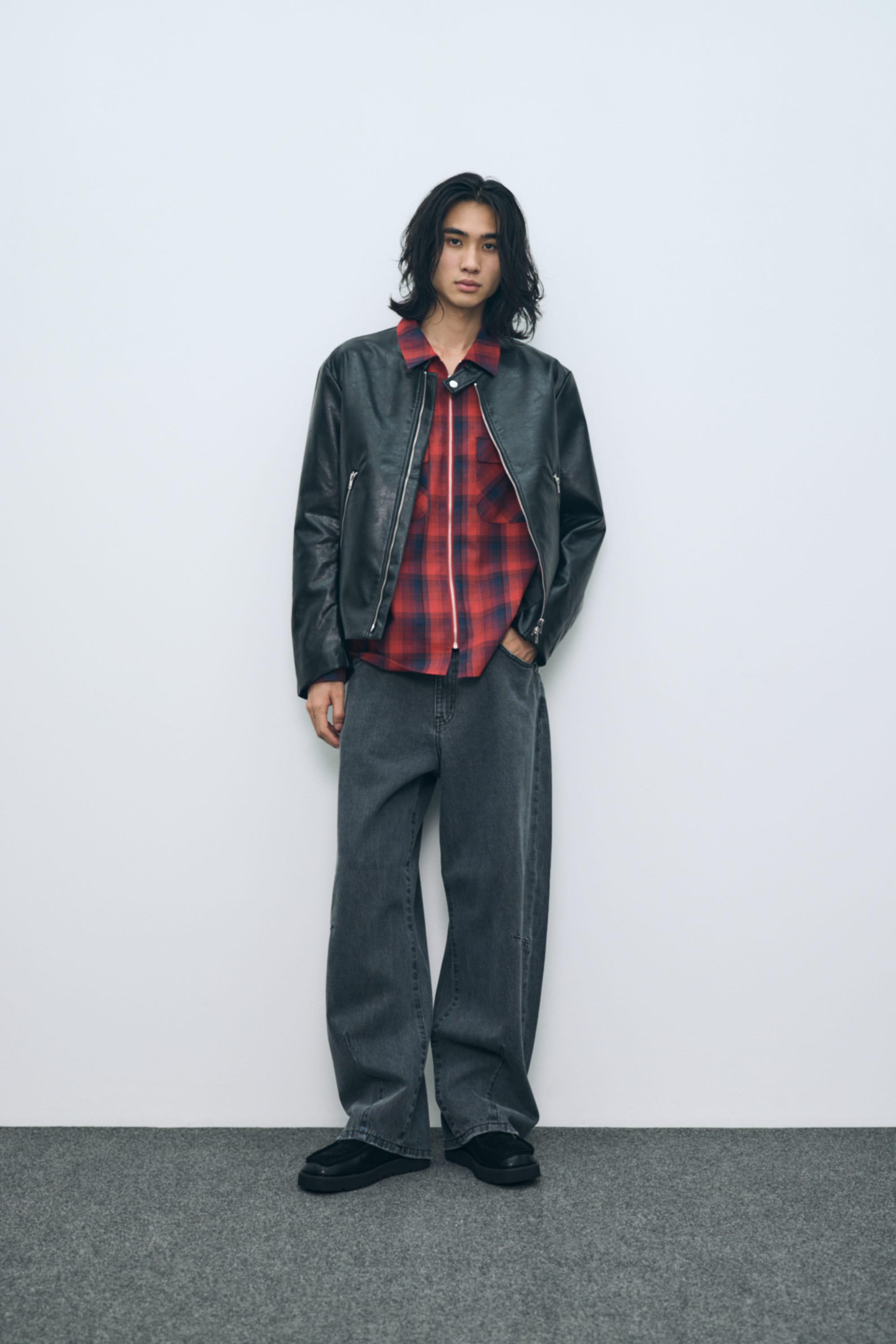 【AW先行アイテム】合皮シングルライダース BLK L