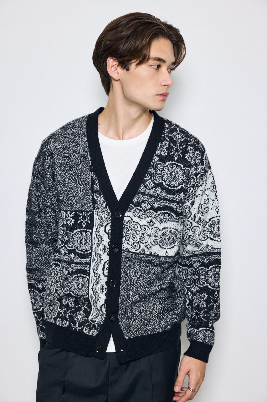 ペイズリー柄ニットカーディガン BLK M