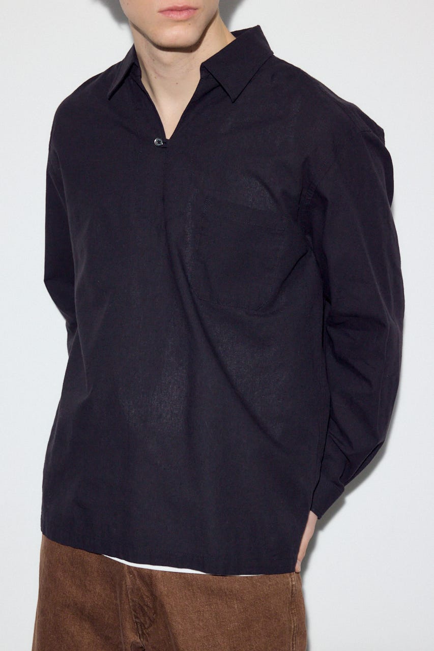 【SS先行アイテム】フレンチリネンCOOLMAXスキッパーシャツ BLK M