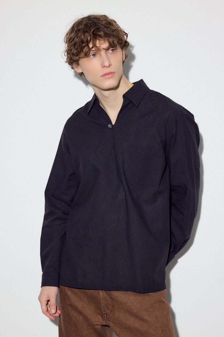 【SS先行アイテム】フレンチリネンCOOLMAXスキッパーシャツ BLK M