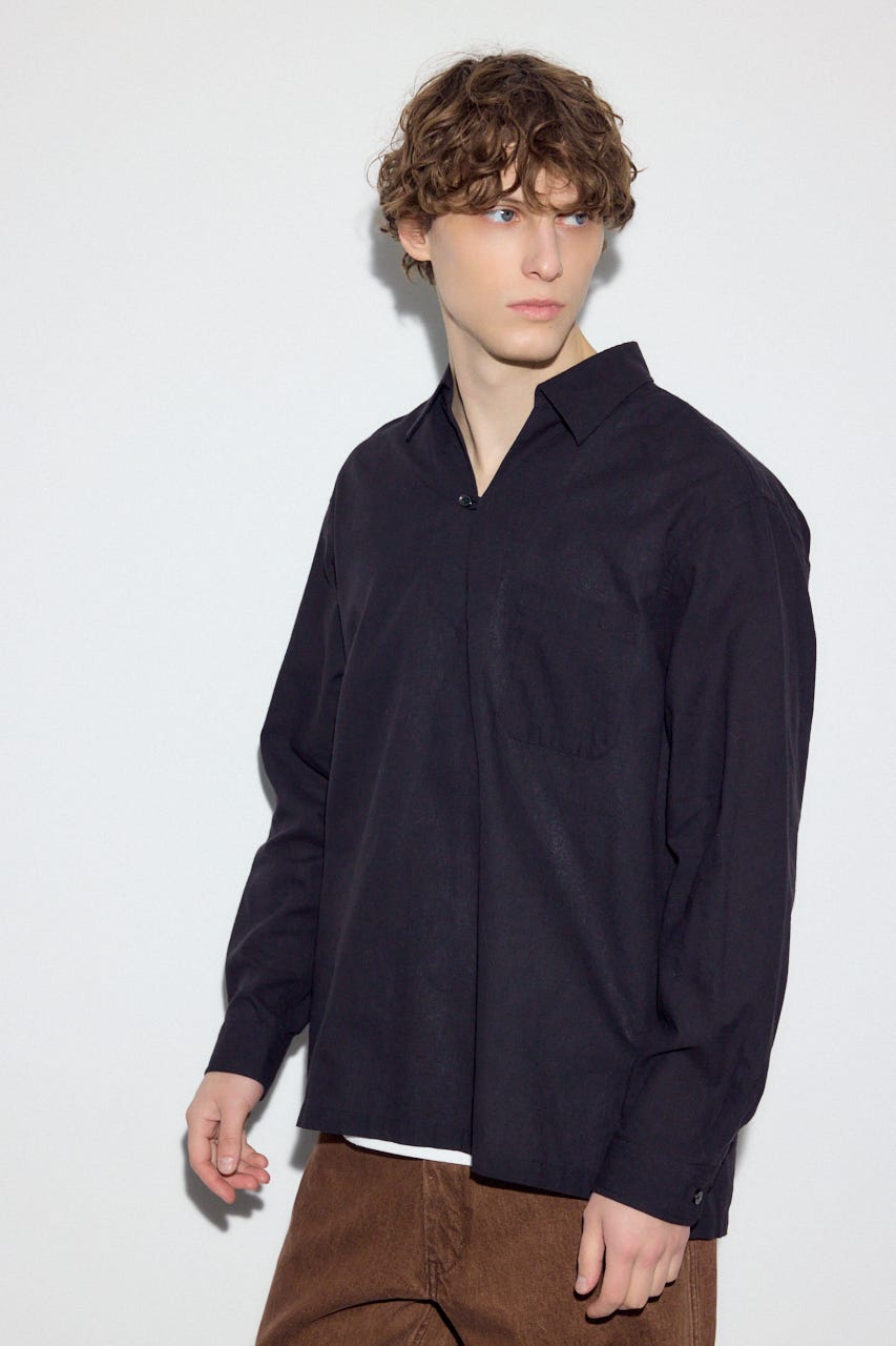 【SS先行アイテム】フレンチリネンCOOLMAXスキッパーシャツ BLK M