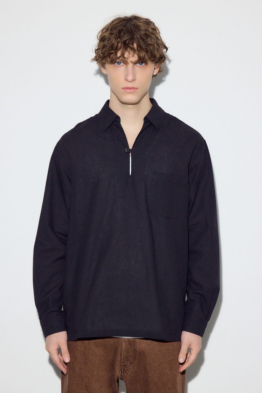 【SS先行アイテム】フレンチリネンCOOLMAXスキッパーシャツ BLK M