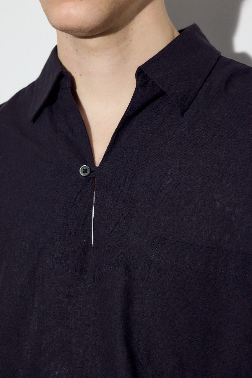 【SS先行アイテム】フレンチリネンCOOLMAXスキッパーシャツ BLK M