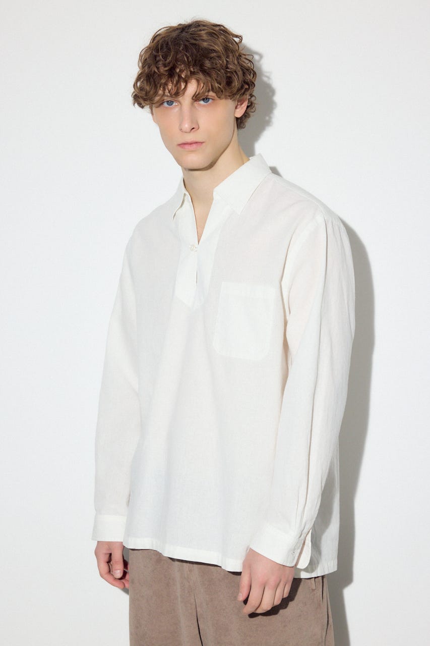 【SS先行アイテム】フレンチリネンCOOLMAXスキッパーシャツ WHT L