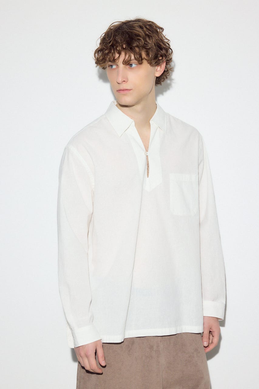 【SS先行アイテム】フレンチリネンCOOLMAXスキッパーシャツ WHT L