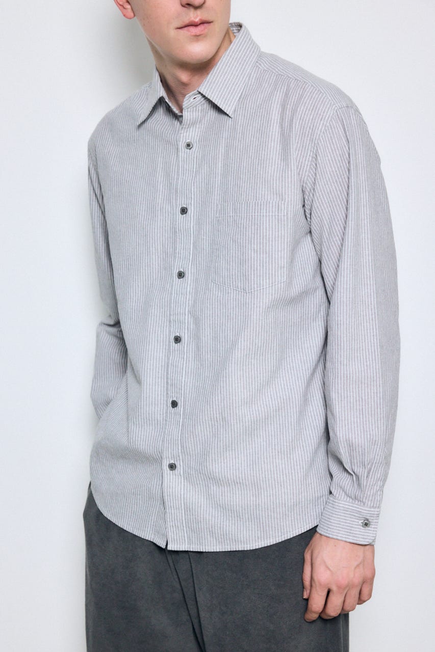 【SS先行アイテム】フレンチリネンCOOLMAXストライプシャツ 柄GRY L