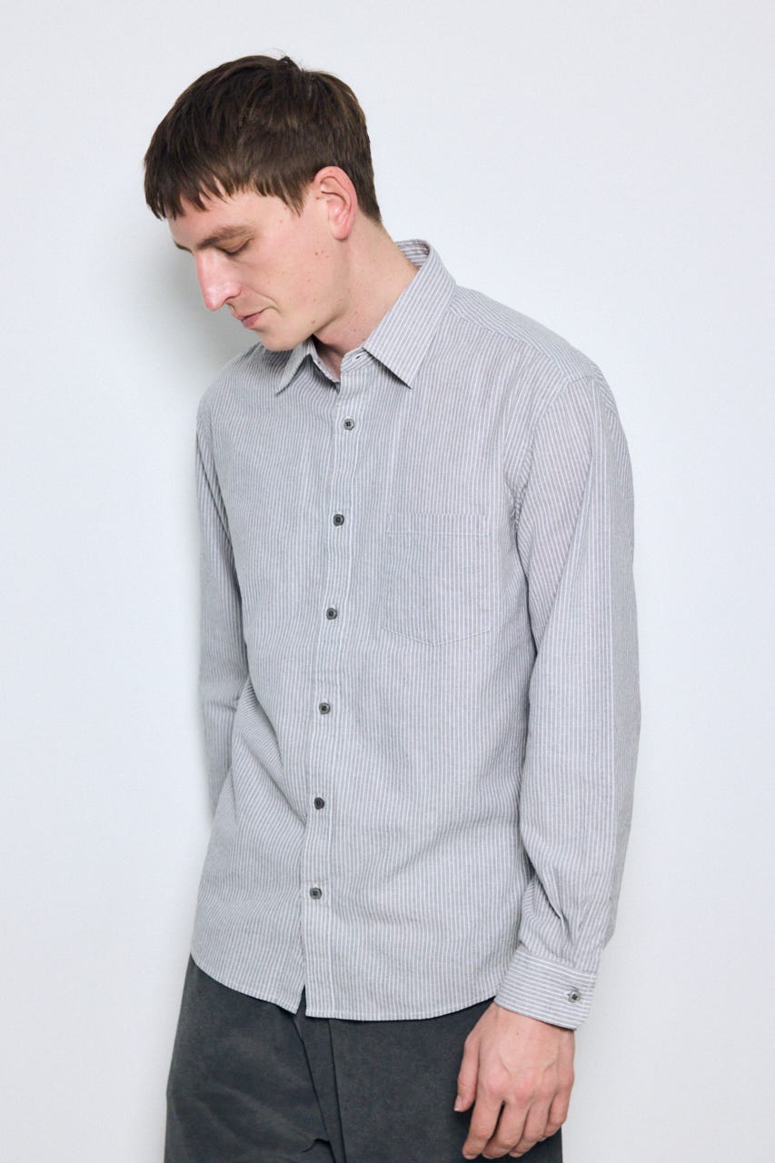 【SS先行アイテム】フレンチリネンCOOLMAXストライプシャツ 柄GRY L