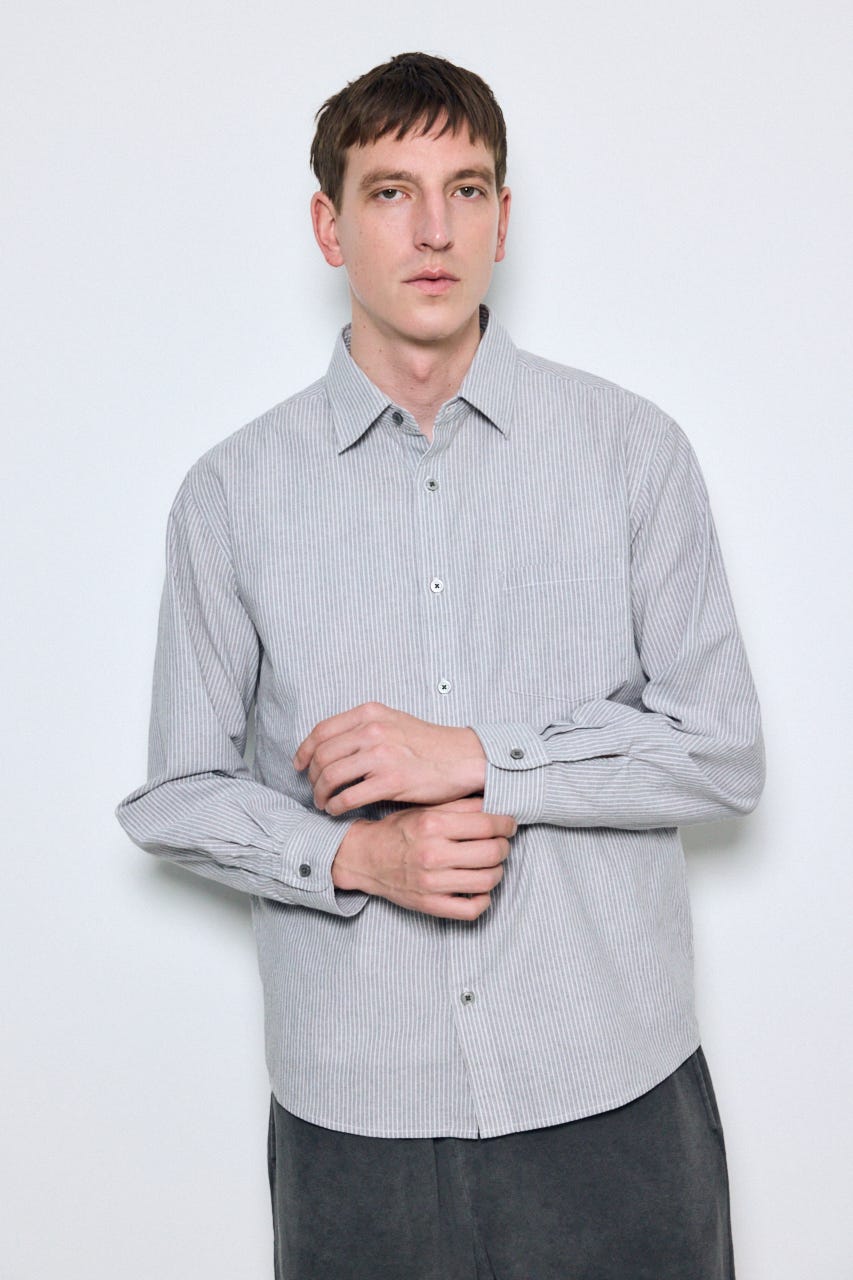 【SS先行アイテム】フレンチリネンCOOLMAXストライプシャツ 柄GRY L