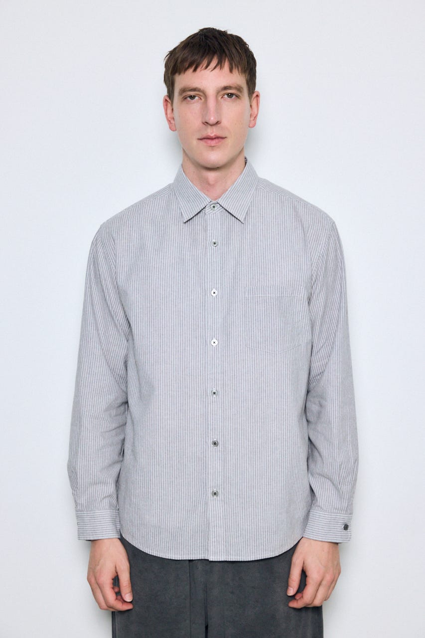 【SS先行アイテム】フレンチリネンCOOLMAXストライプシャツ 柄GRY L