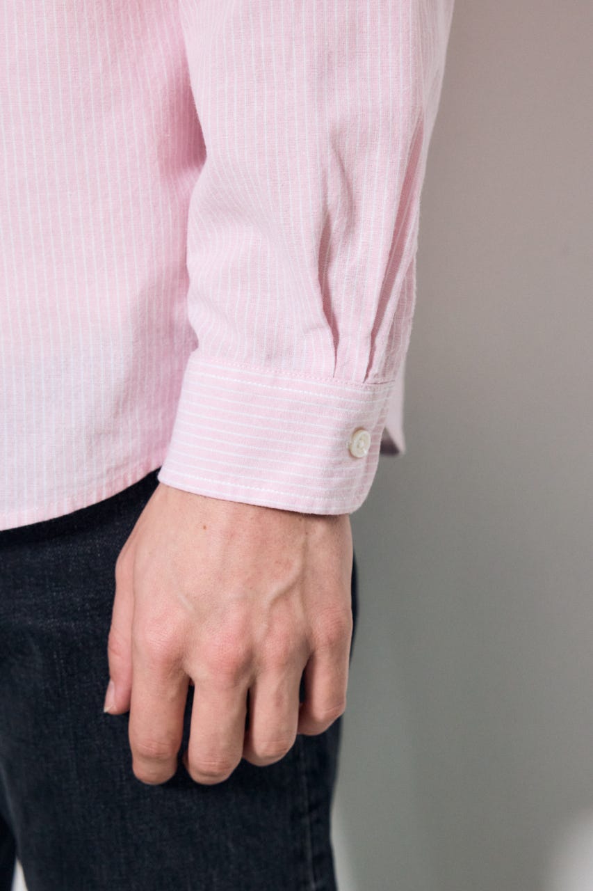 【SS先行アイテム】フレンチリネンCOOLMAXストライプシャツ 柄PNK XL