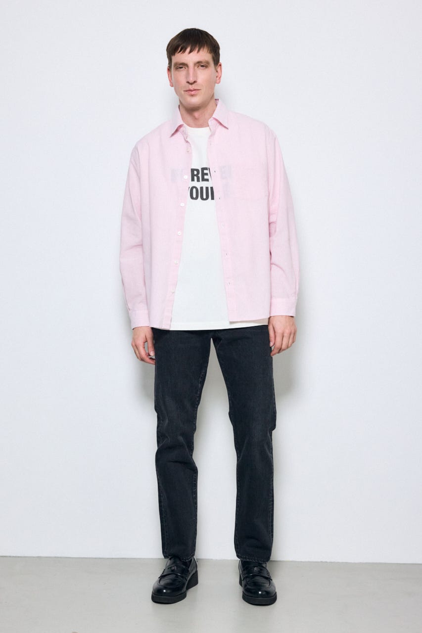 【SS先行アイテム】フレンチリネンCOOLMAXストライプシャツ 柄PNK XL