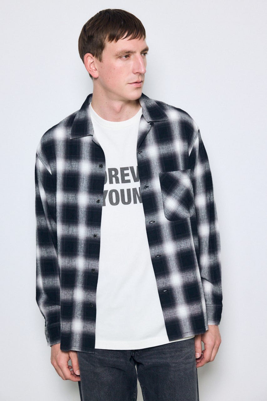 フレンチリネンオンブレーチェックシャツ 柄BLK M