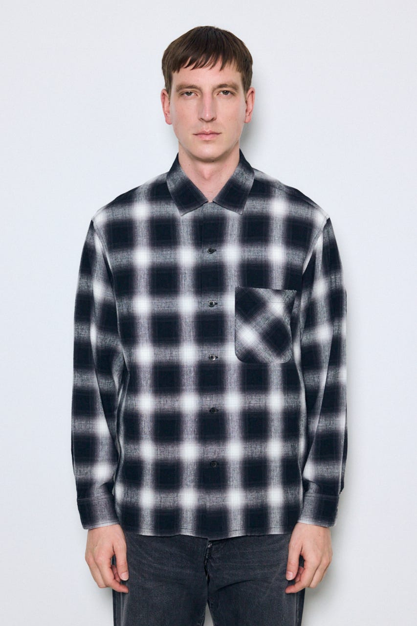 フレンチリネンオンブレーチェックシャツ 柄BLK M