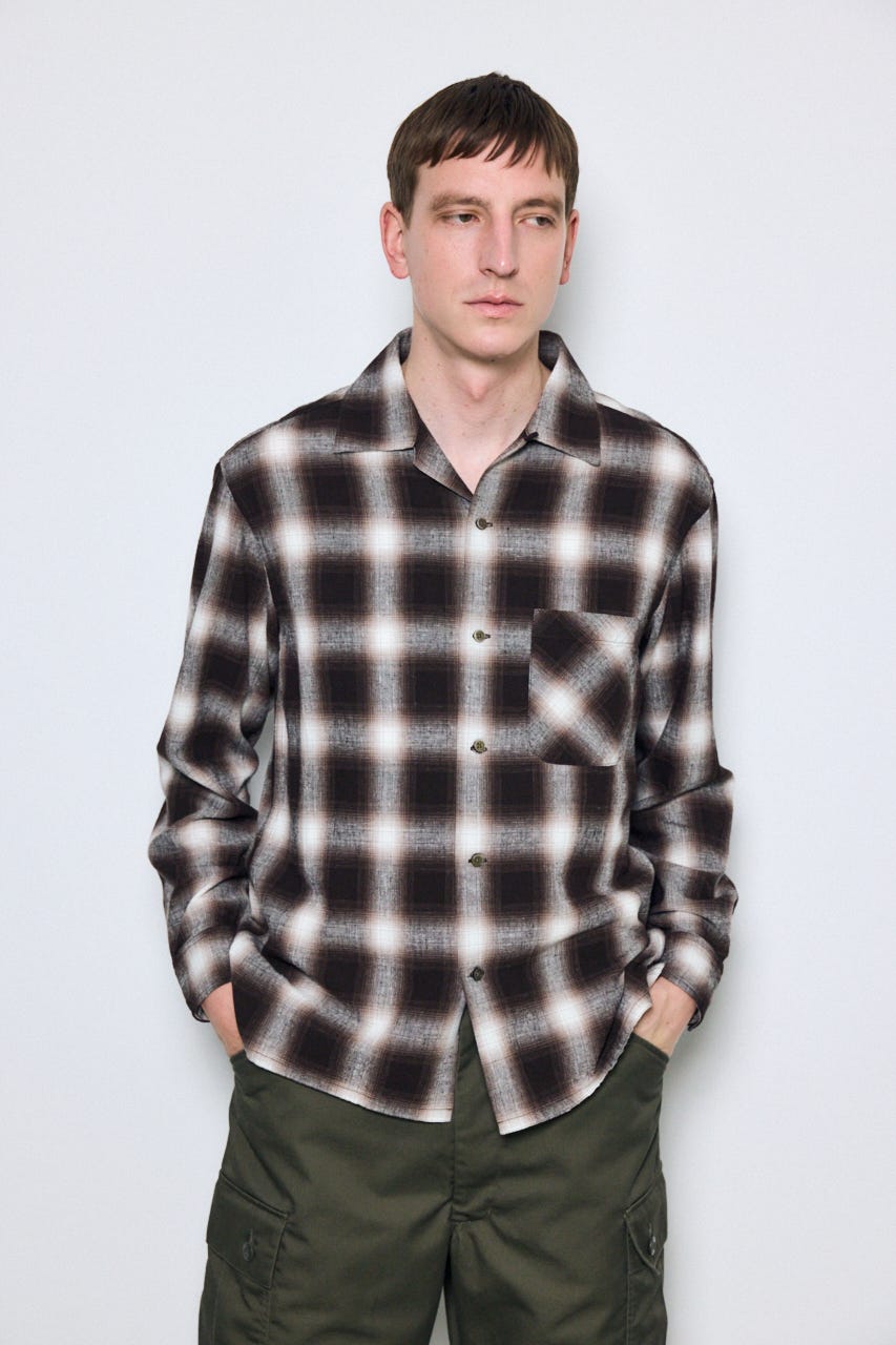 フレンチリネンオンブレーチェックシャツ 柄BRN L