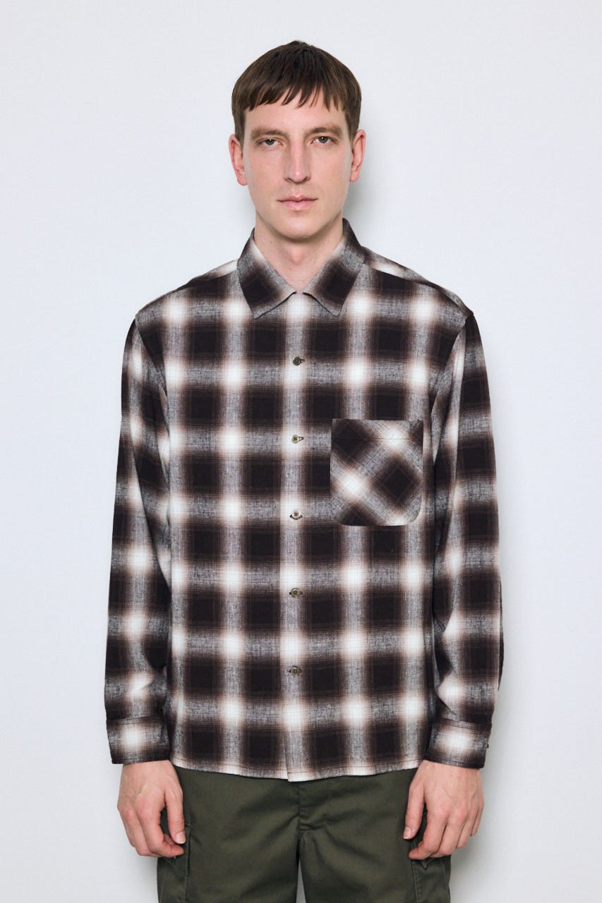 フレンチリネンオンブレーチェックシャツ 柄BRN L