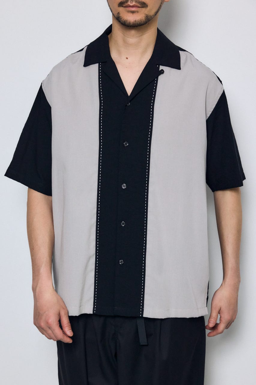 ツートーン切替開襟半袖シャツ 柄BLK L
