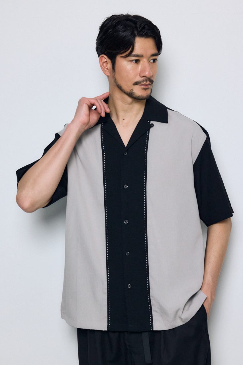 ツートーン切替開襟半袖シャツ 柄BLK L