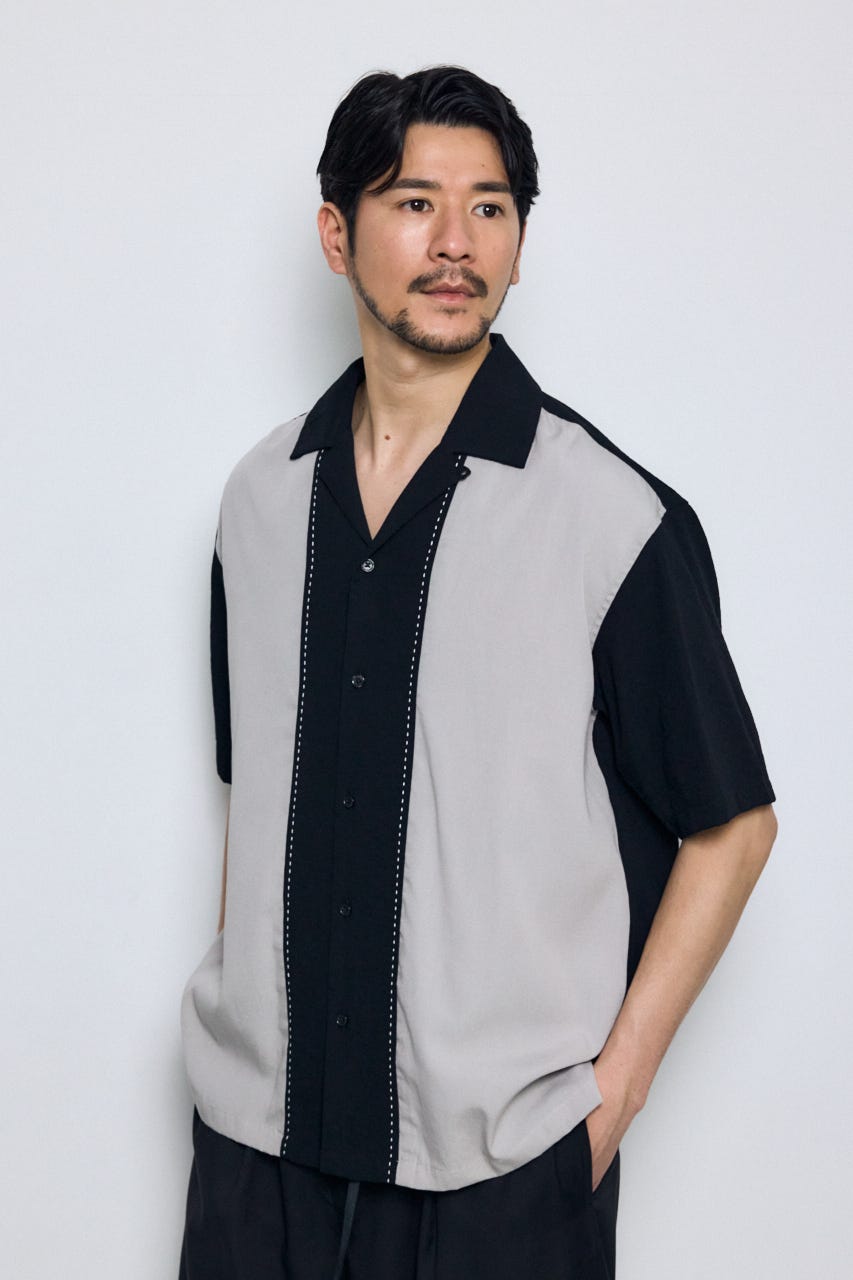 ツートーン切替開襟半袖シャツ 柄BLK L
