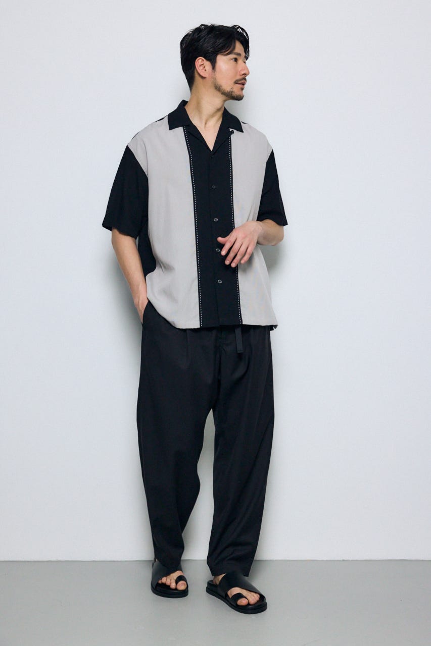 ツートーン切替開襟半袖シャツ 柄BLK L