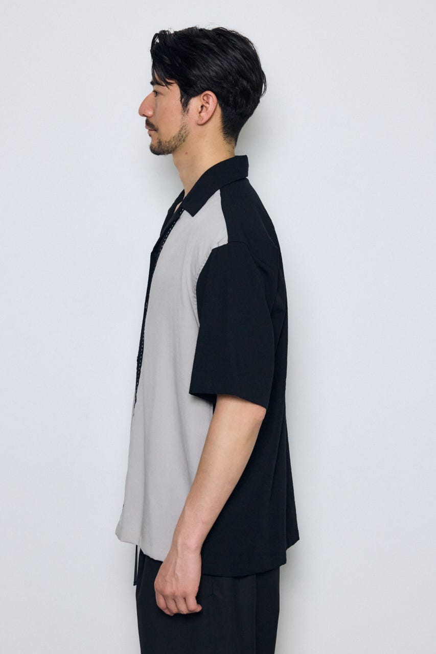 ツートーン切替開襟半袖シャツ 柄BLK L