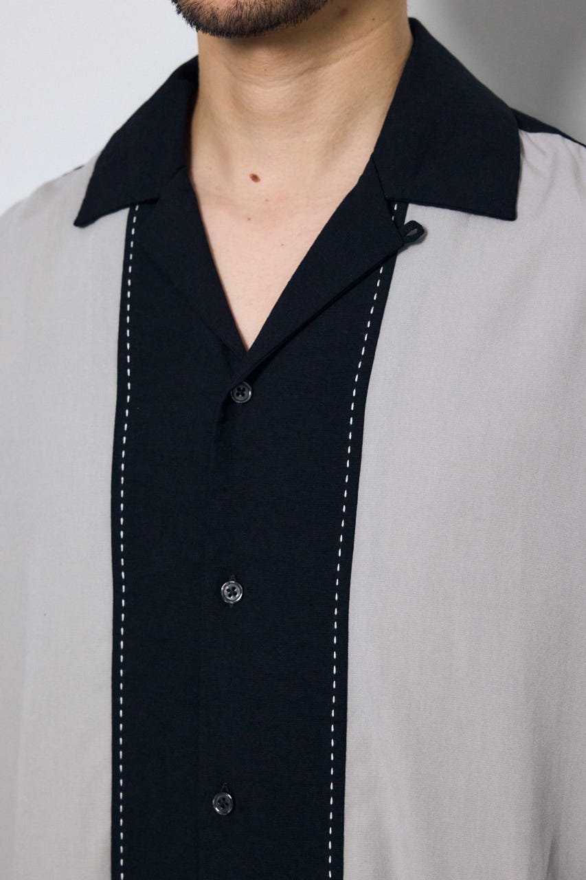 ツートーン切替開襟半袖シャツ 柄BLK L