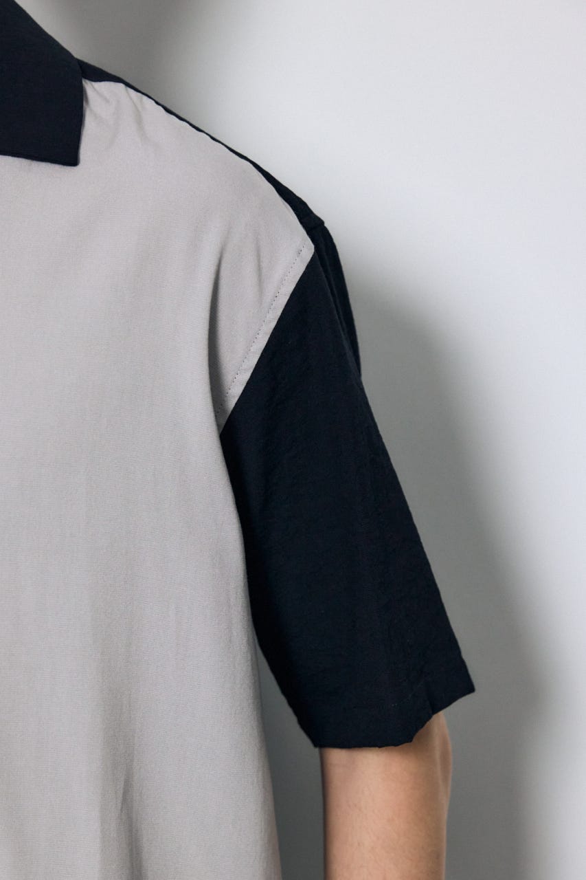 ツートーン切替開襟半袖シャツ 柄BLK L