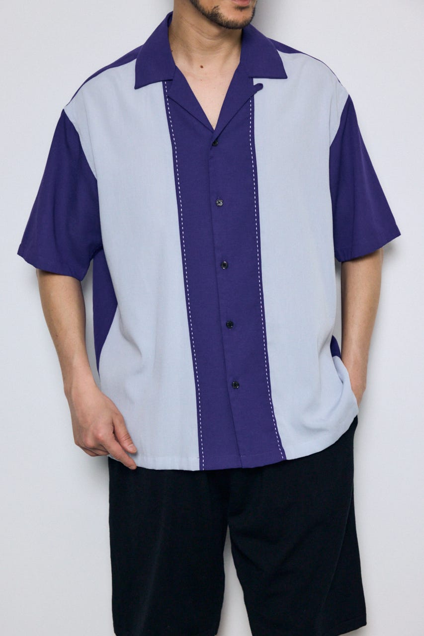 ツートーン切替開襟半袖シャツ 柄NVY M