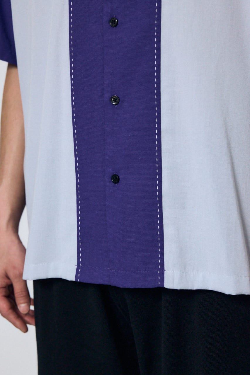 ツートーン切替開襟半袖シャツ 柄NVY M