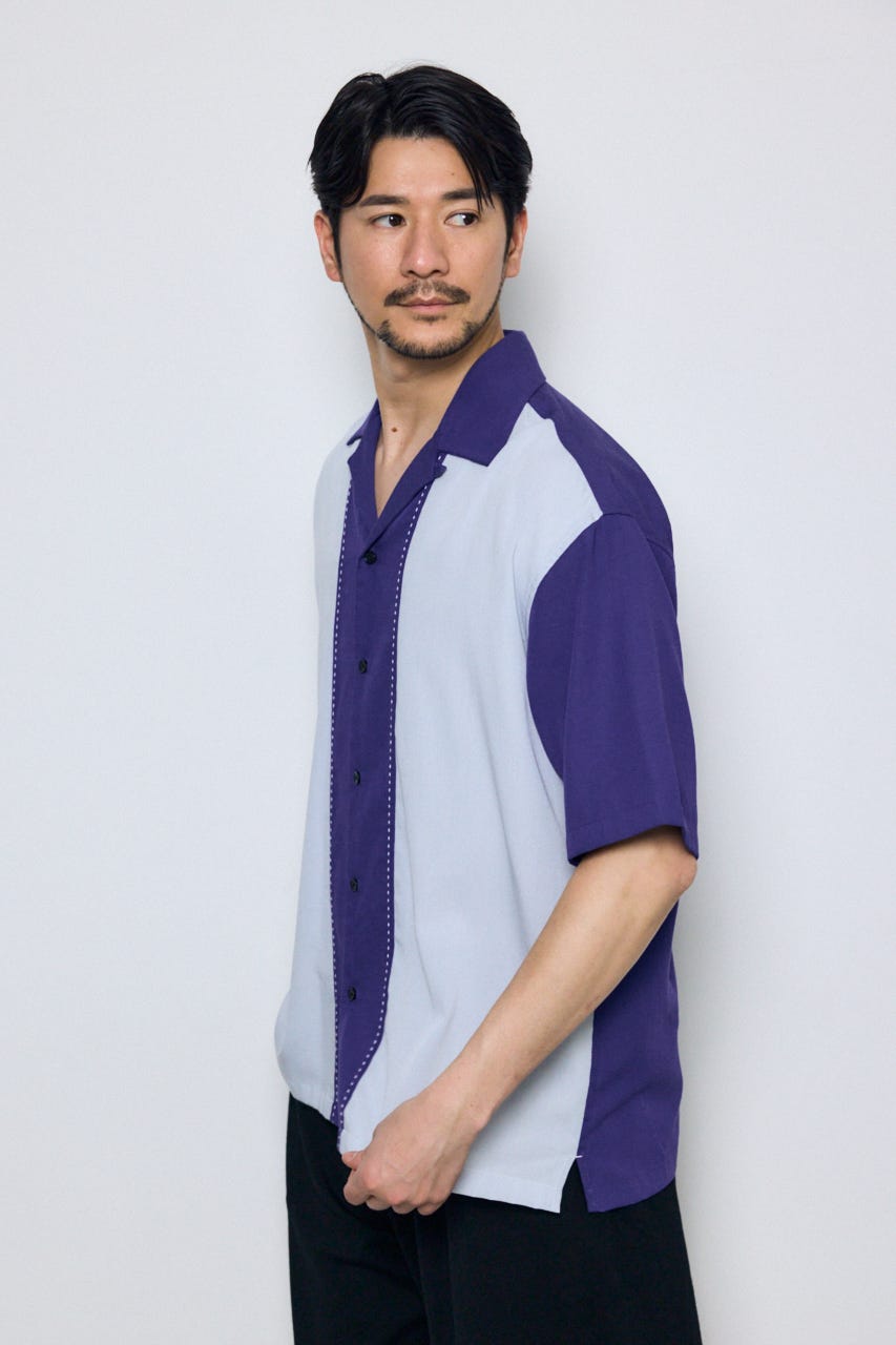 ツートーン切替開襟半袖シャツ 柄NVY M