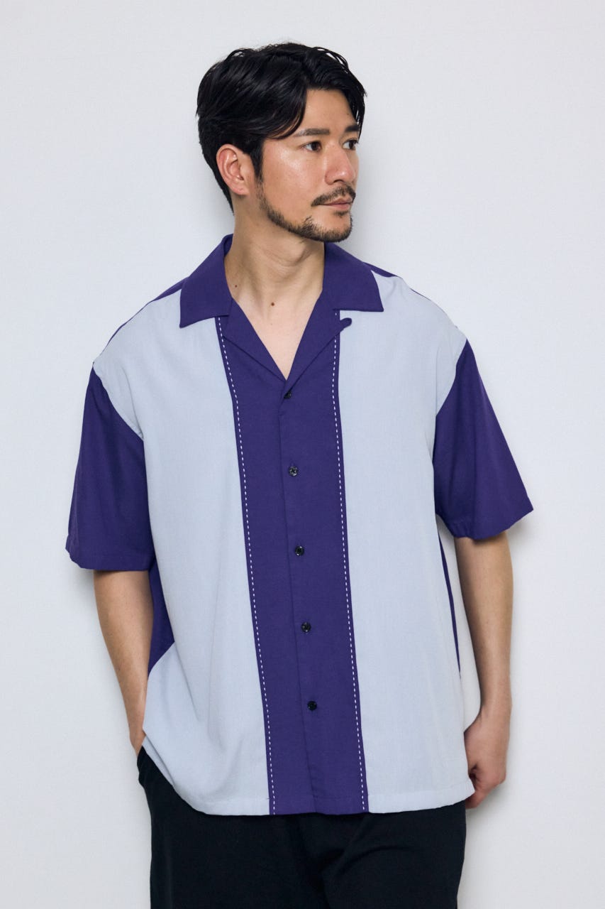 ツートーン切替開襟半袖シャツ 柄NVY M