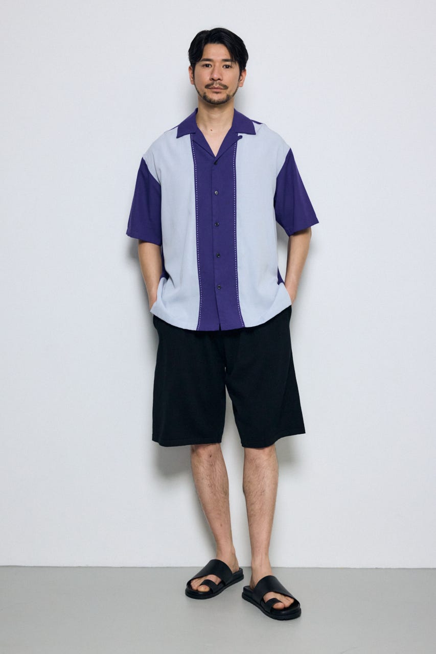ツートーン切替開襟半袖シャツ 柄NVY M