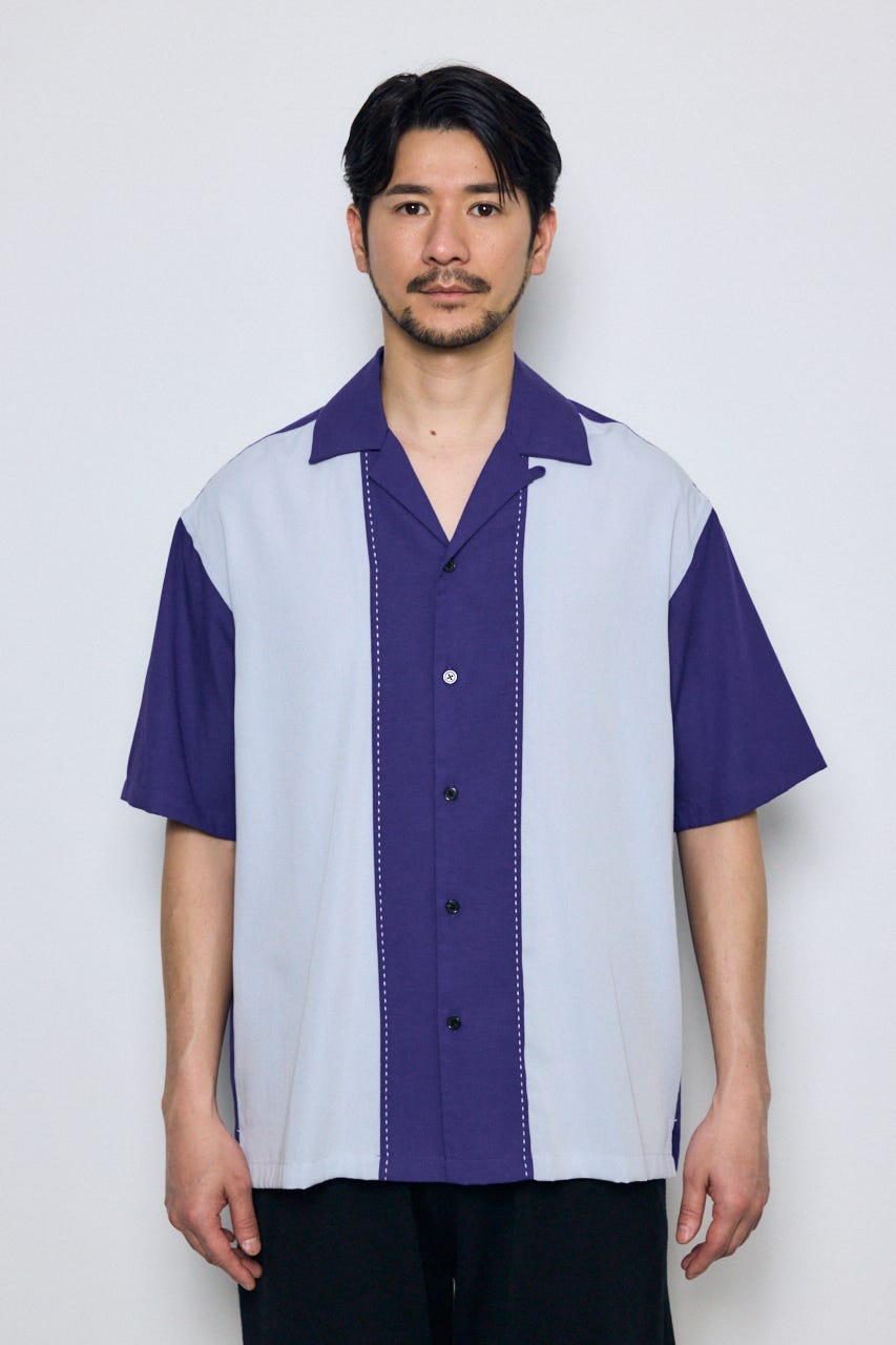 ツートーン切替開襟半袖シャツ 柄NVY M